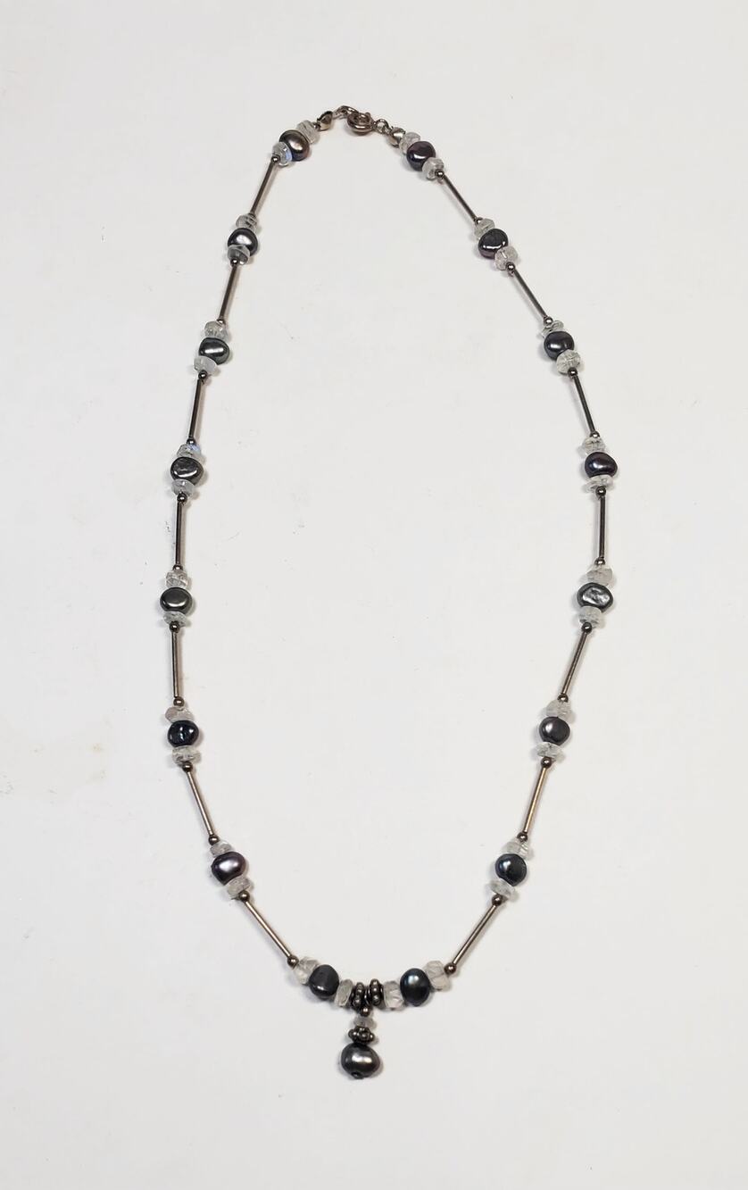 Sterling Silver Freshwater Pearl Crystal Bead Necklace 17"